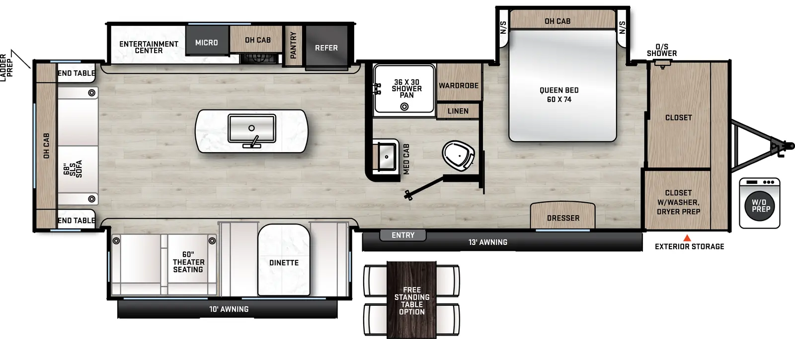 The 32RLTS has 3 slide outs, 2 on the off-door side and 1 on the door side along with 1 entry door. Exterior features include: outside shower on the off-door side, 10 foot and 13 foot awning and door side front storage. Interior layout from front to back: front bedroom with 60 x 74 queen bed in a off-door side slide out, front wall closets with washer dryer prep, dresser across from foot of bed and wardrobe on off-door side; off-door side side aisle bathroom with shower, toilet, linen closet, and sink with medicine cabinet; entry door; door side slide out with dinette and lounge chairs; off-door side slideout with refrigerator, pantry, overhead cabinet, stove, microwave and entertainment center; kitchen island with sink; rear sofa with end tables on either side and overhead cabinet above.